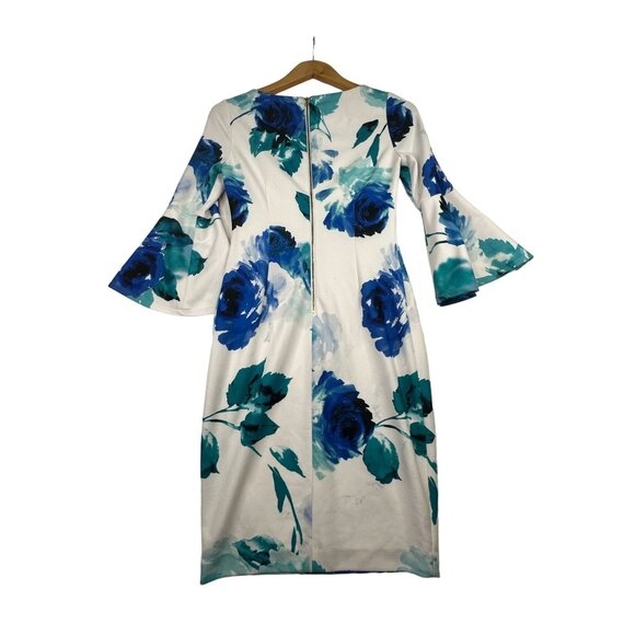 Calvin Klein Floral Print Bell Sleeve Knee Length Dress‎ size 2 White/Blue - Picture 5 of 7